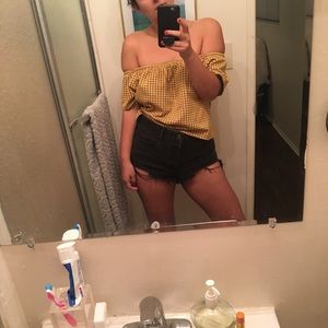 Yellow checked off the shoulder shirt